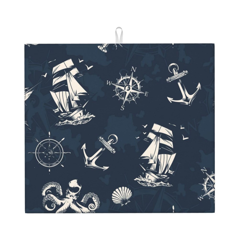 Absorbent Dish Drying Mat For Kitchen Counter Dish Drying Pads Reversible Drainer Mats-Vintage Marine 16x18 In