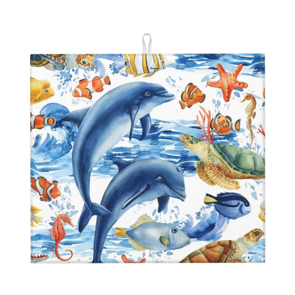 Absorbent Dish Drying Mat For Kitchen Counter Dish Drying Pads Reversible Drainer Mats-Marine Animals 16x18 In