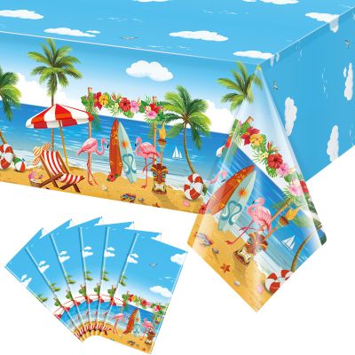 6 Pack Summer Beach Plastic Tablecloth Party Decorations, Disposable Aloha Luau Hawaiian Tablecloth, Flamingo Surfboard Table Cover for Summer Beach Pool Hawaiian Theme Party Decorations, 54 x 108Inch
