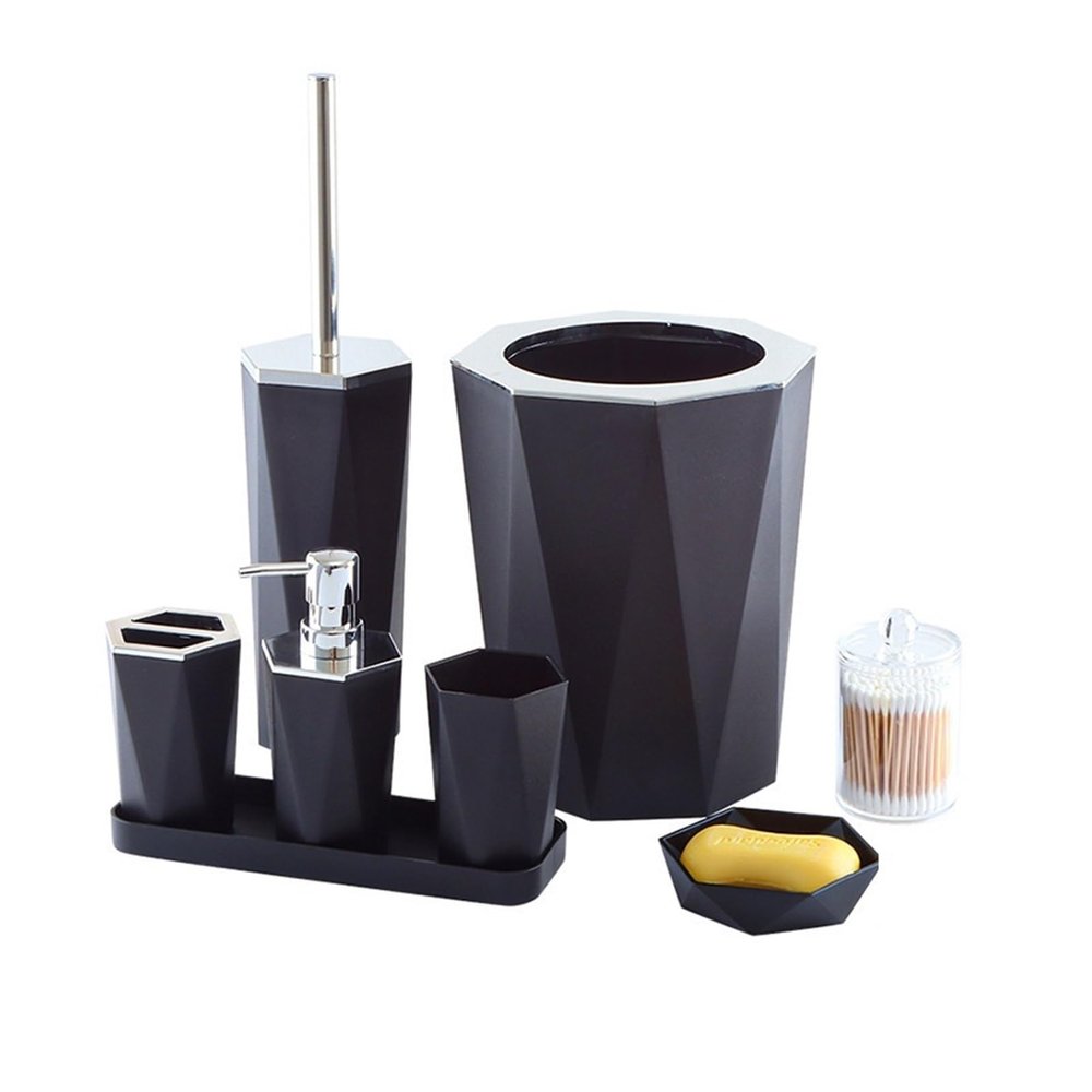 REFKIT Hotel Bathroom Supplies Tray Bath Set Box Ceramic Bathroom Bottle Set Cotton Swab Box Cotton Jar(Black)