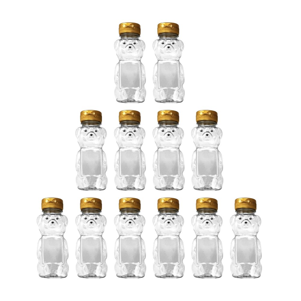 CLEARVIEW CONTAINERS - 12 Ounce Clear Plastic Squeezable Honey Bears with Sealable Flip Top Lids - BPA Free, Hand Wash Only (Gold, 12 Pack)