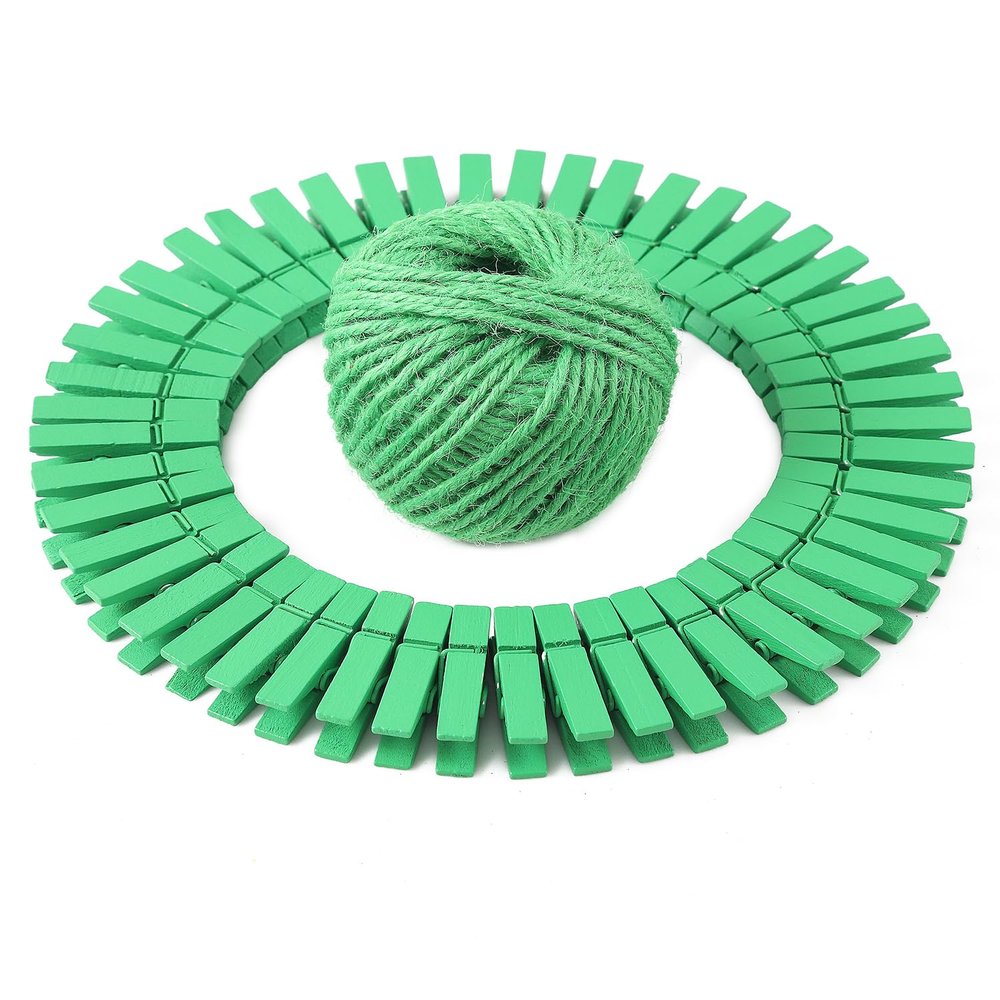 HSTECH 100 Pcs Green Mini Natural Wooden Clothespins and 82 Ft Jute Twine, Baby Clothes Pins, 1.38in Craft Photo Clips for Home School Arts Crafts Decor, DIY Decoration's, Arts and Crafts, Weddings