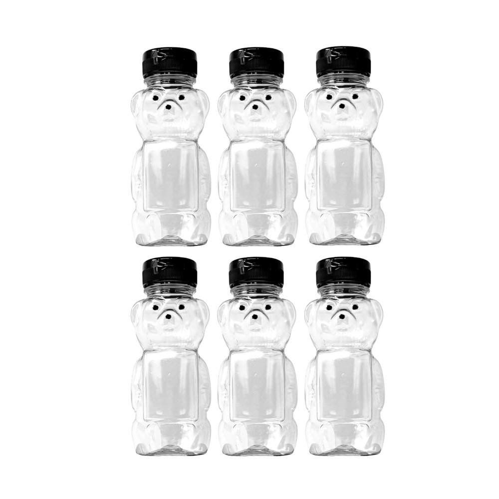 CLEARVIEW CONTAINERS - 12 Ounce Clear Plastic Squeezable Honey Bears with Sealable Flip Top Lids - BPA Free, Hand Wash Only (Black, 6 Pack)