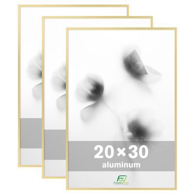 FrameWorks 20x30 Brushed Aluminum Poster Frames  Modern Brushed Metal Design w/Shatterproof Plexiglass, Perfect for Posters, Artwork, Paintings, Wall Displays  Home or Office Decor, Gold - 3 Pack