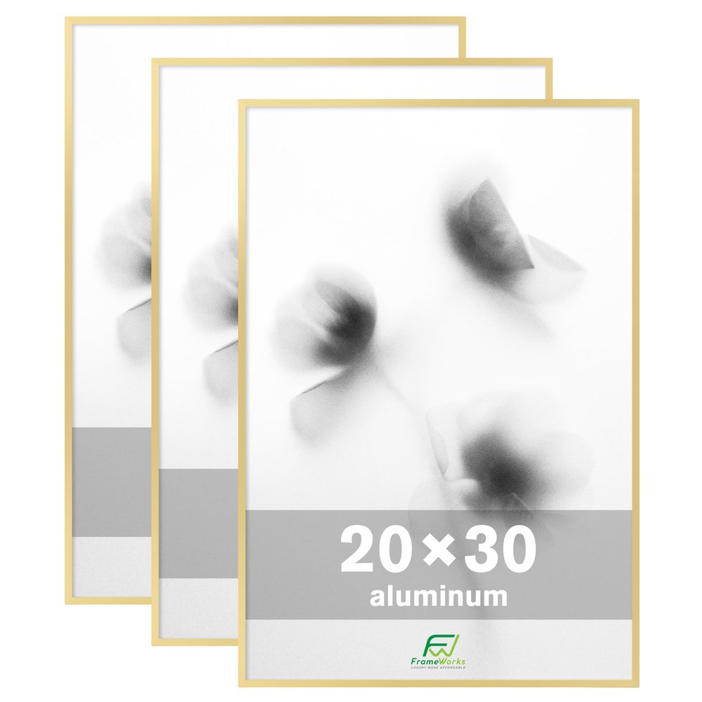 FrameWorks 20x30 Brushed Aluminum Poster Frames  Modern Brushed Metal Design w/Shatterproof Plexiglass, Perfect for Posters, Artwork, Paintings, Wall Displays  Home or Office Decor, Gold - 3 Pack