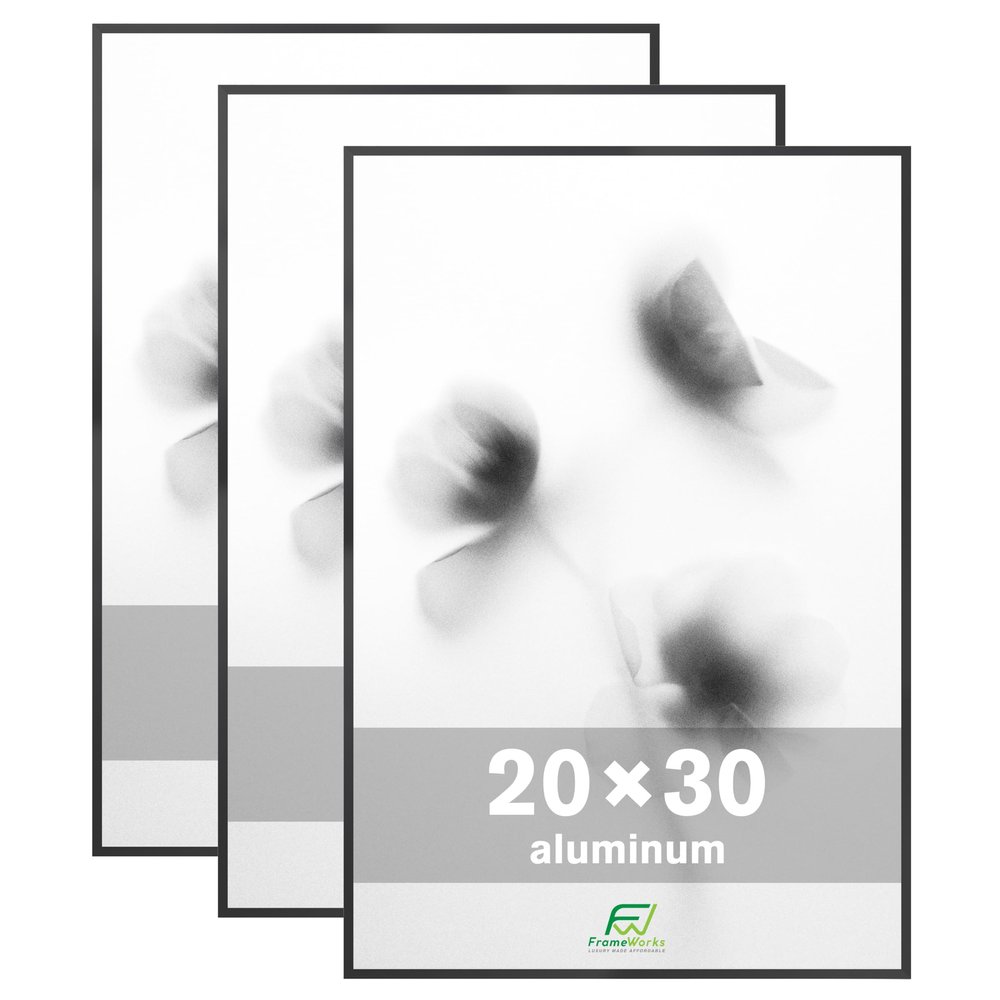 FrameWorks 20x30 Brushed Aluminum Poster Frames  Modern Brushed Metal Design w/Shatterproof Plexiglass, Perfect for Posters, Artwork, Paintings, Wall Displays  Home or Office Decor, Black - 3 Pack