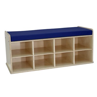 FDP Natural Birch 8-Compartment Storage Bench with Comfortable Blue Vinyl Seat (16" H) Organize Shoes, Hats, Toys - Durable Furniture for Home, Daycare, Preschool, Montessori Classroom, 14047-NTBL