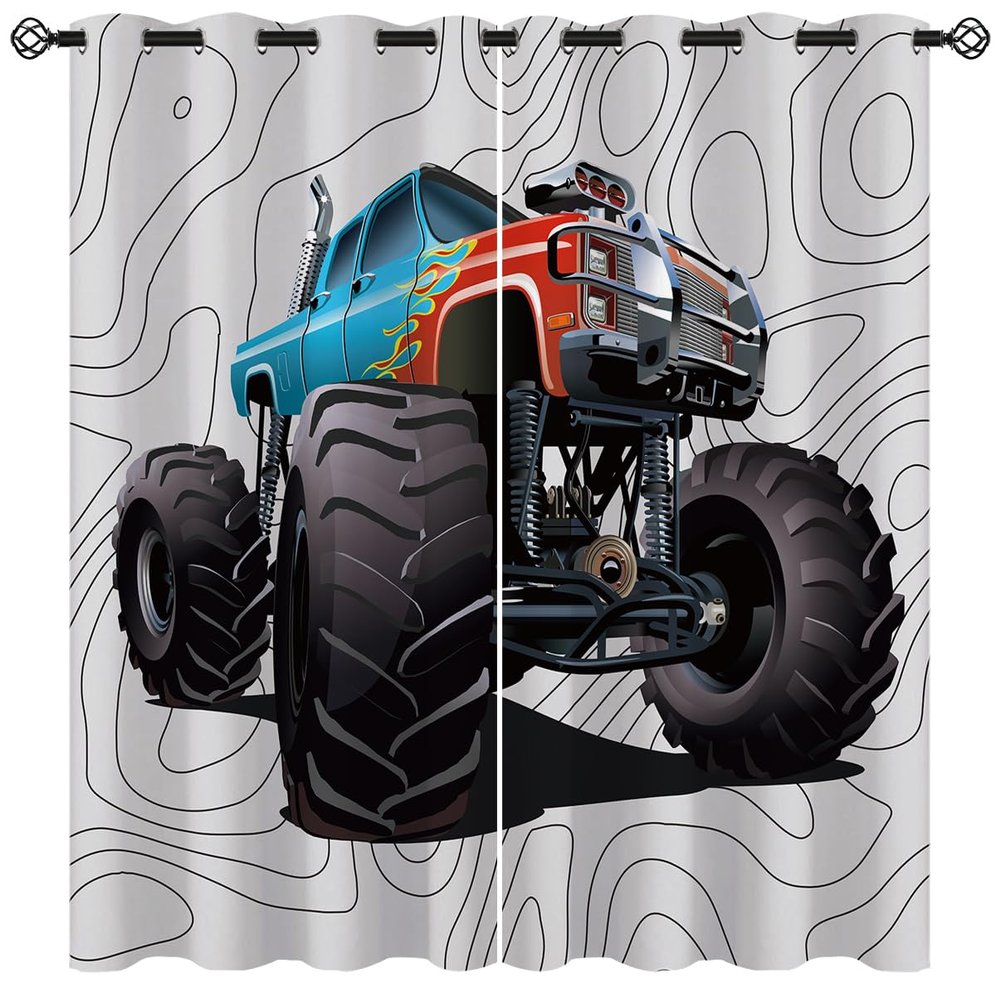 ONINUO Monster Truck Blackout Curtains for Girls Boy Home Decor, Cool 3D Machine Truck Car Racing Game Grommet Thermal Insulated Drapes Darkening Window Curtain for Bedroom Living Room, 55 x 63 Inch
