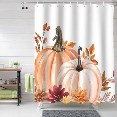 Anzona Thanksgiving Waterproof Shower Curtains Set - Extra Long 72 x 84 Inch, Orange Pink Pumpkin Fall Flower Leaf Polyester Fabric Bathroom Curtain with 12 Hooks, Bathroom Accessories, 1 Panel
