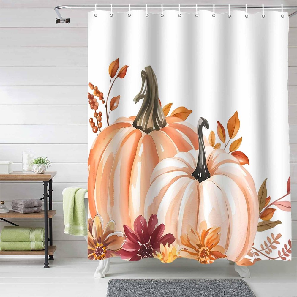 Anzona Thanksgiving Waterproof Shower Curtains Set - Extra Long 72 x 84 Inch, Orange Pink Pumpkin Fall Flower Leaf Polyester Fabric Bathroom Curtain with 12 Hooks, Bathroom Accessories, 1 Panel
