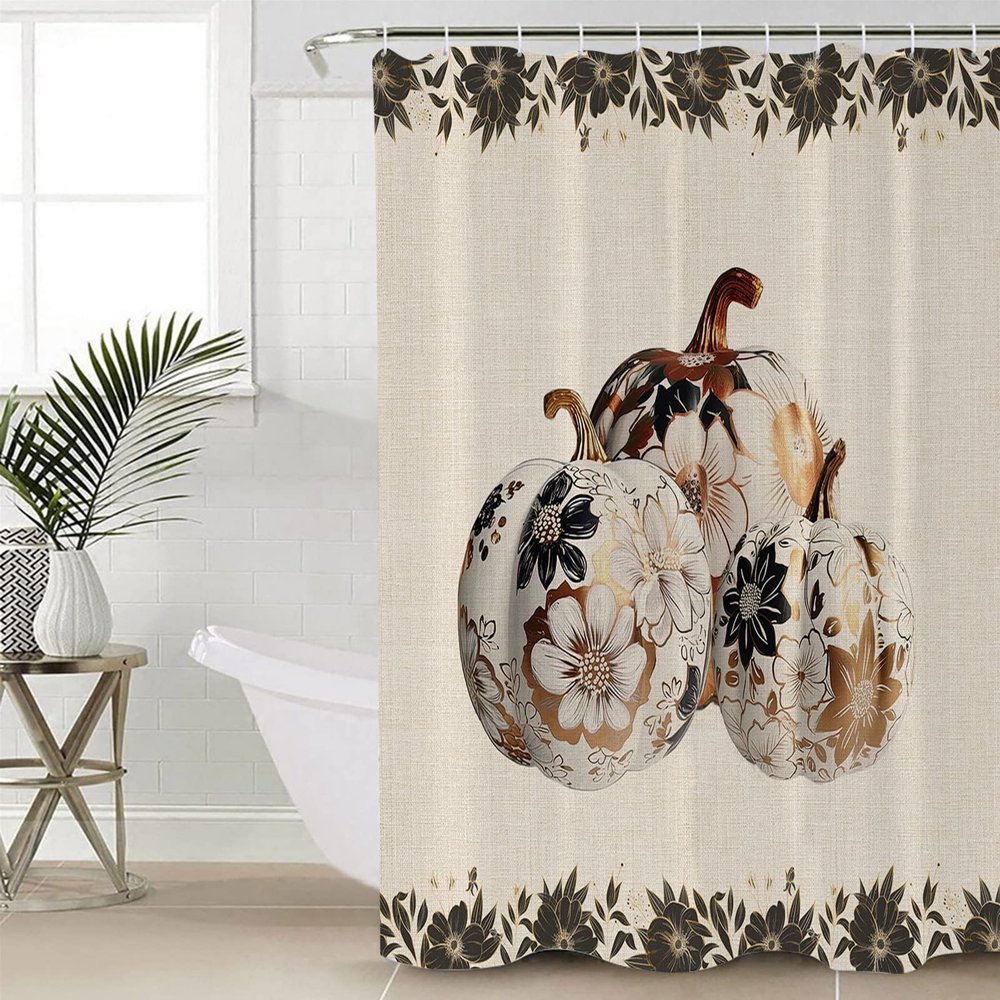 Anzona Thanksgiving Waterproof Shower Curtains Set - Extra Long 72 x 84 Inch, Floral Paint Pumpkin Black Flower Fall Burlap Polyester Fabric Bathroom Curtain, Bathroom Accessories, 1 Panel