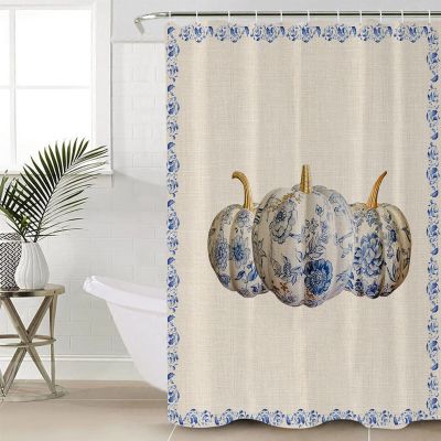 Anzona Thanksgiving Waterproof Shower Curtains Set - Standard 66 x 72 Inch, Floral Paint Pumpkin Blue Flower Lace Fall Burlap Polyester Fabric Bathroom Curtain, Bathroom Accessories, 1 Panel