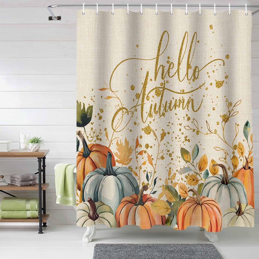 Anzona Thanksgiving Waterproof Shower Curtains Set - Standard 66 x 72 Inch, Watercolor Pumpkin Teal Orange Leaves Fall Burlap Polyester Fabric Bathroom Curtain, Bathroom Accessories, 1 Panel