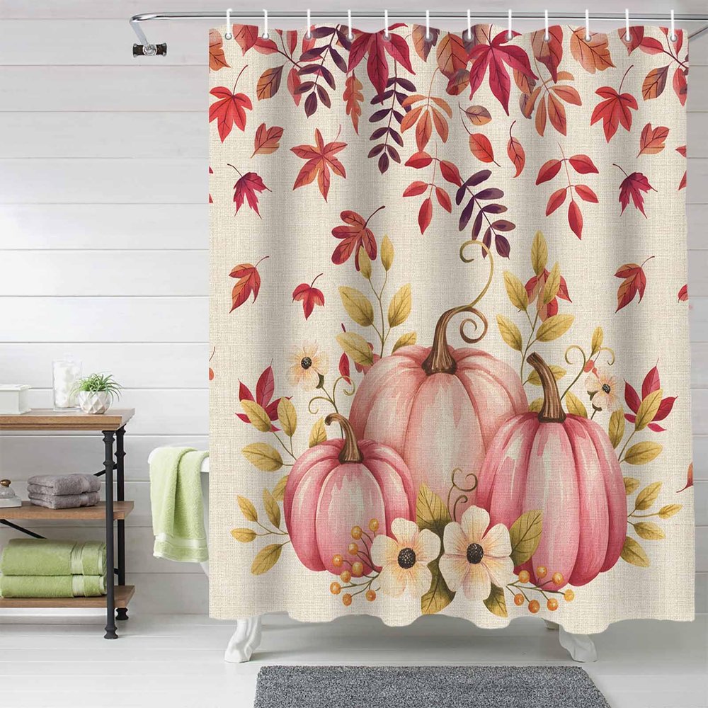 Anzona Thanksgiving Waterproof Shower Curtains Set - Small 36 x 78 Inch, Fall Pink Orange Pumpkin Flower Watercolor Burlap Polyester Fabric Bathroom Curtain, Bathroom Accessories, 1 Panel