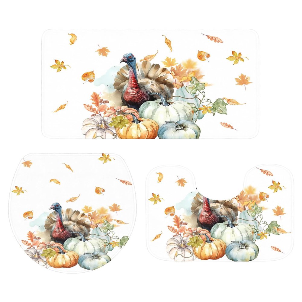 Wotrend Turkey 3 Piece Bath Rugs Set Thanksgiving Fall Leaves Pumpkin Autumn Harvest Non-Slip Bathroom Mats Absorbent Contour Soft Mat Toilet Lid Cover Bathroom Decor Set,18"x30"+14"x18"+15"x18"
