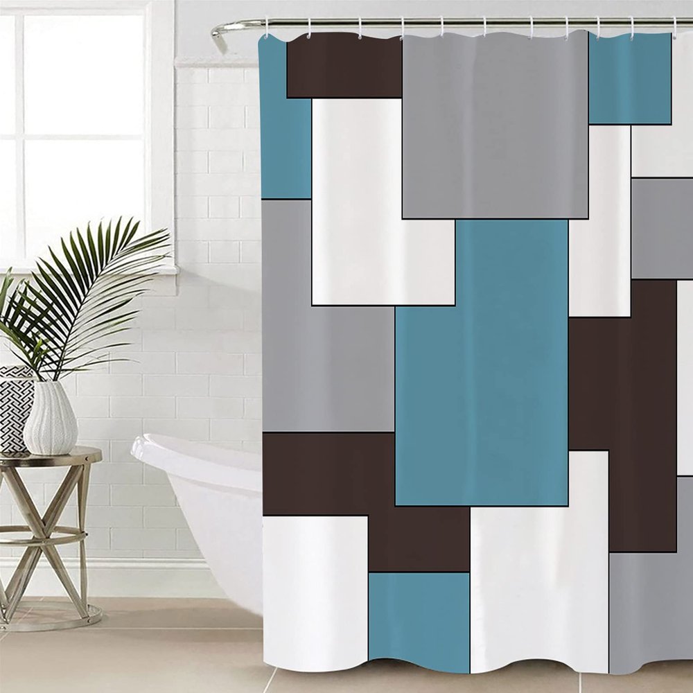 Mid Century Modern Shower Curtain for Bathroom 66" x 72" Blue Black and Gray Abstract Art Shower Curtain with Hooks Polyester Waterproof Home Bathtub Decor