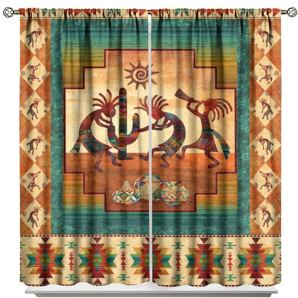 Kokopelli Blackout Curtains, Southwestern Native Window Drapes, Aztec Ethnic Print Pattern Thermal Insulation Window Treatments for Living Room Bedroom Kitchen Office 52x84in