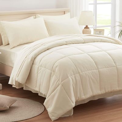 AHJ Beddings Full Size 8 Piece Bed in a Bag - 500GSM Comforter Set with 15 inch Deep Fitted, Flat, Bed Skirt, Pillowcases & Shams, 600 Thread Count, Egyptian Cotton, Ivory