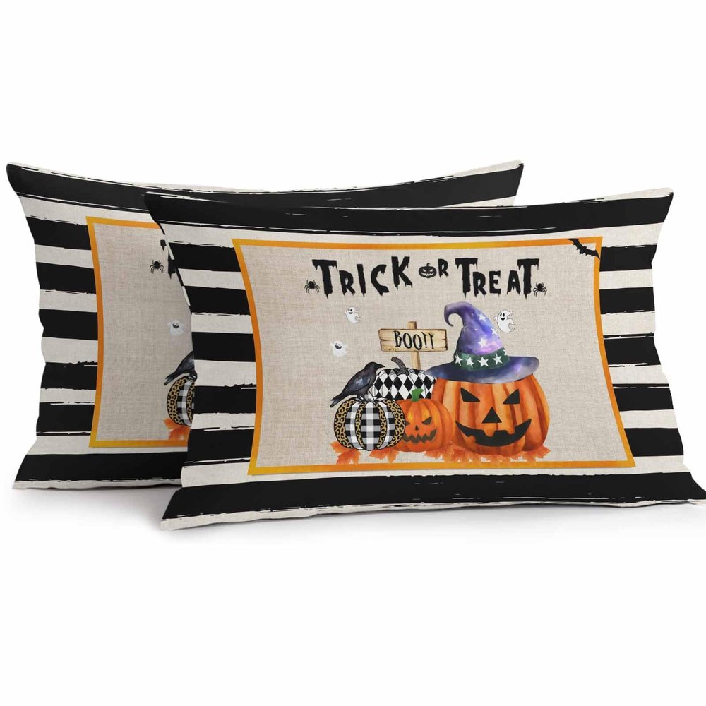 Chucoco Halloween Waterproof Pillow Covers for Couch Throw Pillow Cases Set of 2, Pumpkins with Crow Boo Decorative Cushion Pillow Covers 20x12In,Indoor Outdoor Decoration Trick Or Treat Black Stripe