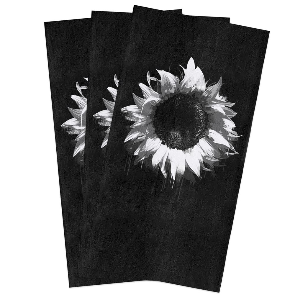 Abstract Floral Kitchen Towel Absorbent Dish Towels Black White Art Blossom Sunflower 3 Pack Soft Reusable Hand Towel Washing Cloths, Quick Drying Hanging Terry for Home Cleaning Aesthetic Plant