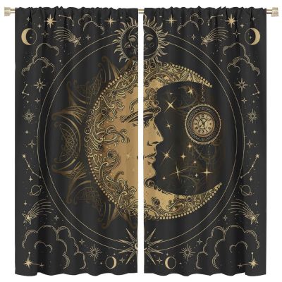 BAEKJIN Golden Moon Rod Pocket Blackout Curtains Vintage Mysterious Sun Moon Pocket Watch Pattern Home Decor Window Drapes 2 Panels Set 42x45in