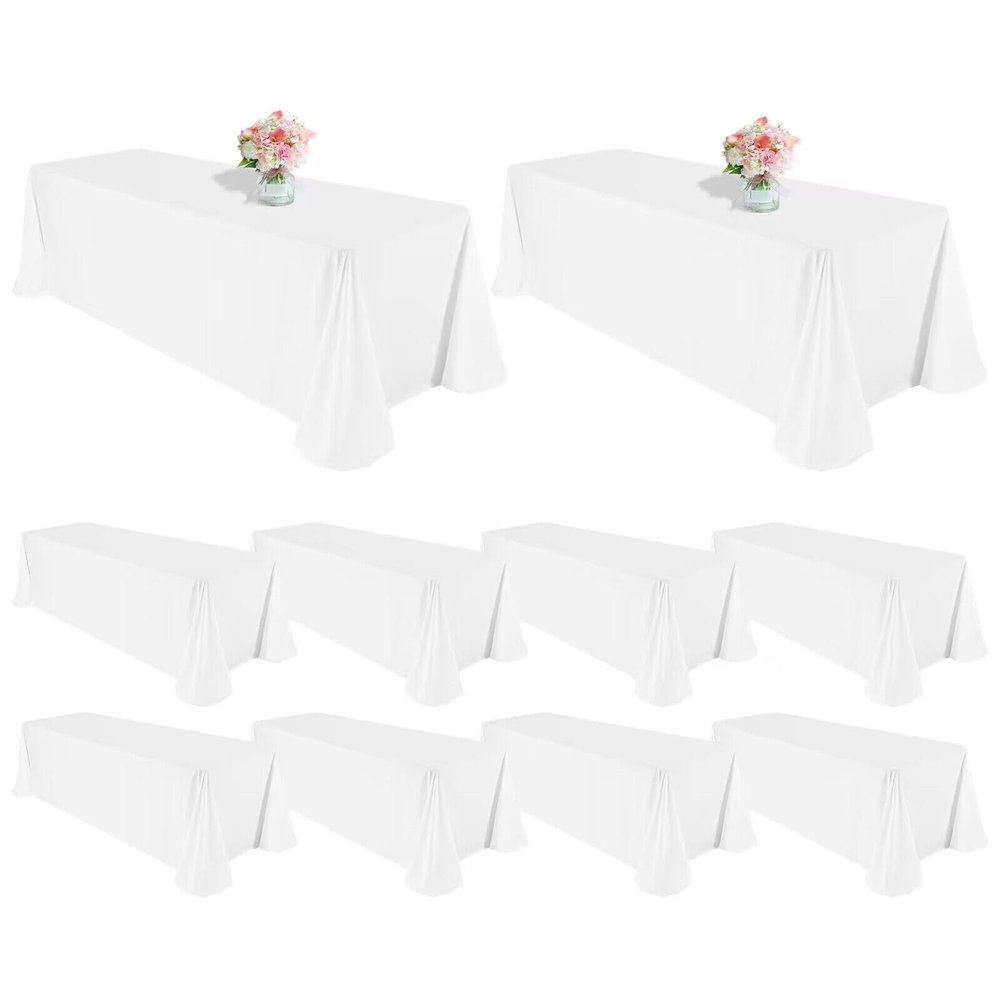 10 Pack Polyester Tablecloths, White 90 x 132 Inch Polyester Table Cloth for 8 Foot Rectangle Tables, Stain and Wrinkle Resistant Washable Fabric Table Cover for Wedding Banquet Restaurant Party