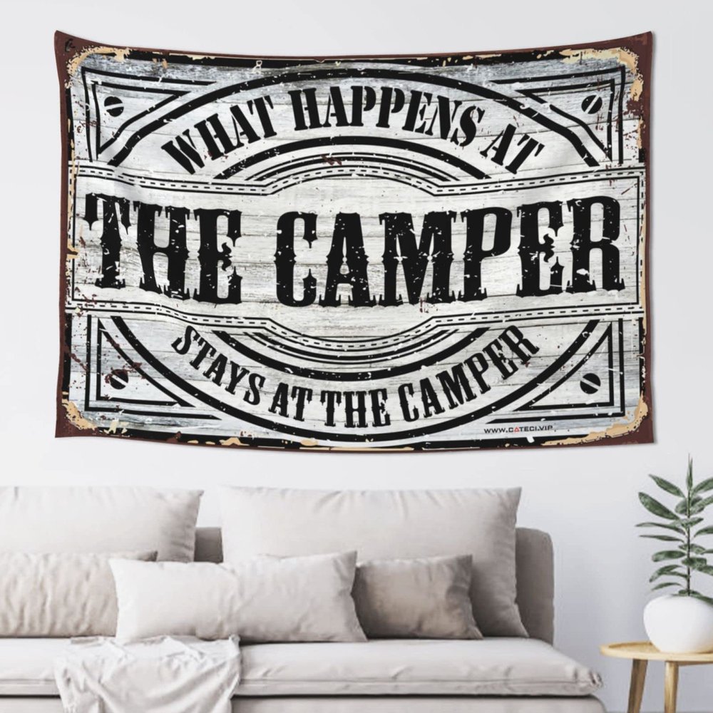 Abipuir Man Cave Decorations What Happens At The Camper Stays At The Camper Tapestry Bar Man Cave Decor Men Decor (Size : 75X92CM)