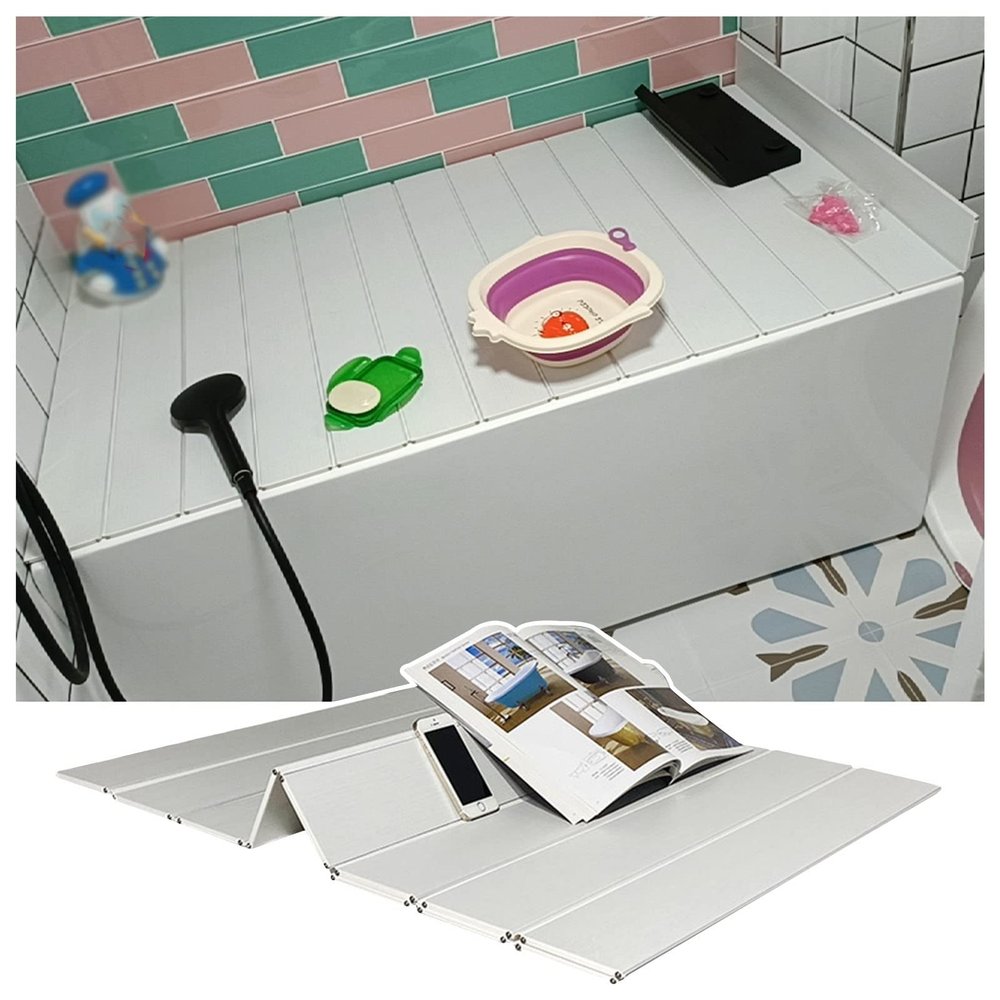 Bathtub Tray Foldable Bathtub Cover Shutter Bath Lid, White Bathtub Insulation Cover Dust Board for Most Standard Sized Bathtubs, 0.6cm Thickness Bathtub Tray for Book, Phone, Tablet Multifunctional (