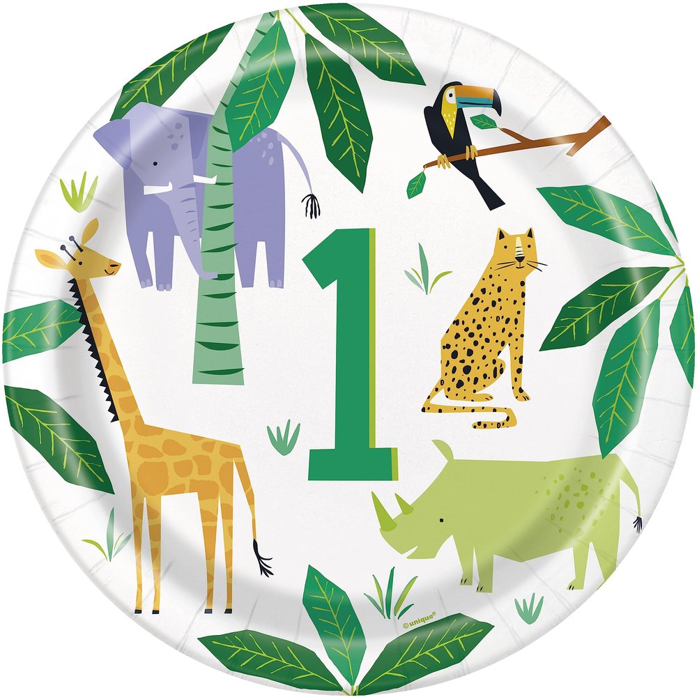 Unique 78355EU Eco-Friendly Paper Plates-23 cm-Animal Safari Party-8 Count (Pack of 1), Multicolour
