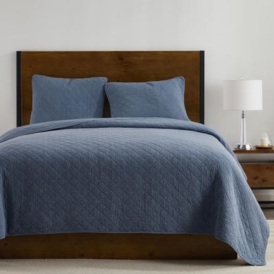HiEnd Accents Stonewashed Cotton Gauze 3 Piece Vintage Quilt Set, French Blue Size, Copper Solid Color Diamond Stitch, Classic Chic Casual Modern Rustic Bedding, Lightweight Quilt with Pillow Shams