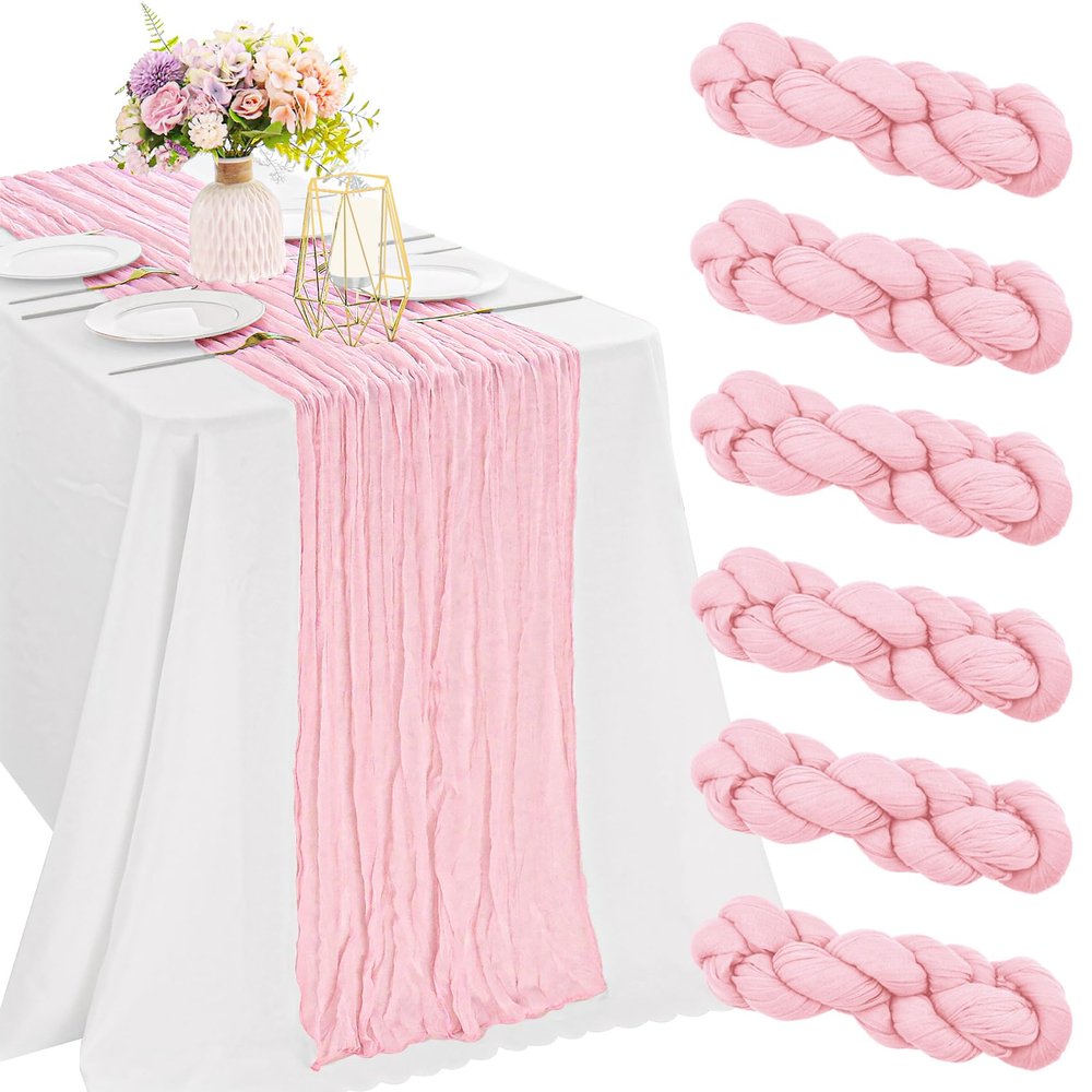6 Pieces Pink Valentine's Day 10FT Cheesecloth Table Runner Boho Gauze Fabric Table Runner Rustic Sheer Runner for Wedding Birthday Baby Shower Party Boho Table DecorationPink