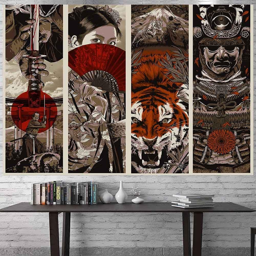 Aidatain Japanese Style Wall Tapestry - Samurai Maiko Tiger Mount Fuji Aesthetic Beach Blanket for Bedroom, Living & Dining Room, College Dorm Wall Hanging - 93x71 GTFNAT0063