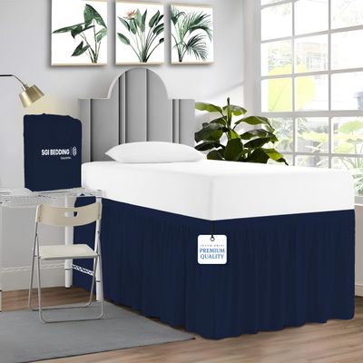 SGI bedding Dorm Bed Skirt Full XL 40 Inch Drop Length - Navy Blue, Ruffled Pattern College Dorm Room Bed Skirts - Split Corner, Easy Care, Wrinkle Free 1800 Series Microfiber Bed Skirt