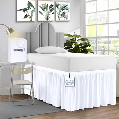 SGI bedding Dorm Bed Skirt Full XL 40 Inch Drop Length - White, Ruffled Pattern College Dorm Room Bed Skirts - Split Corner, Easy Care, Wrinkle Free 1800 Series Microfiber Bed Skirt