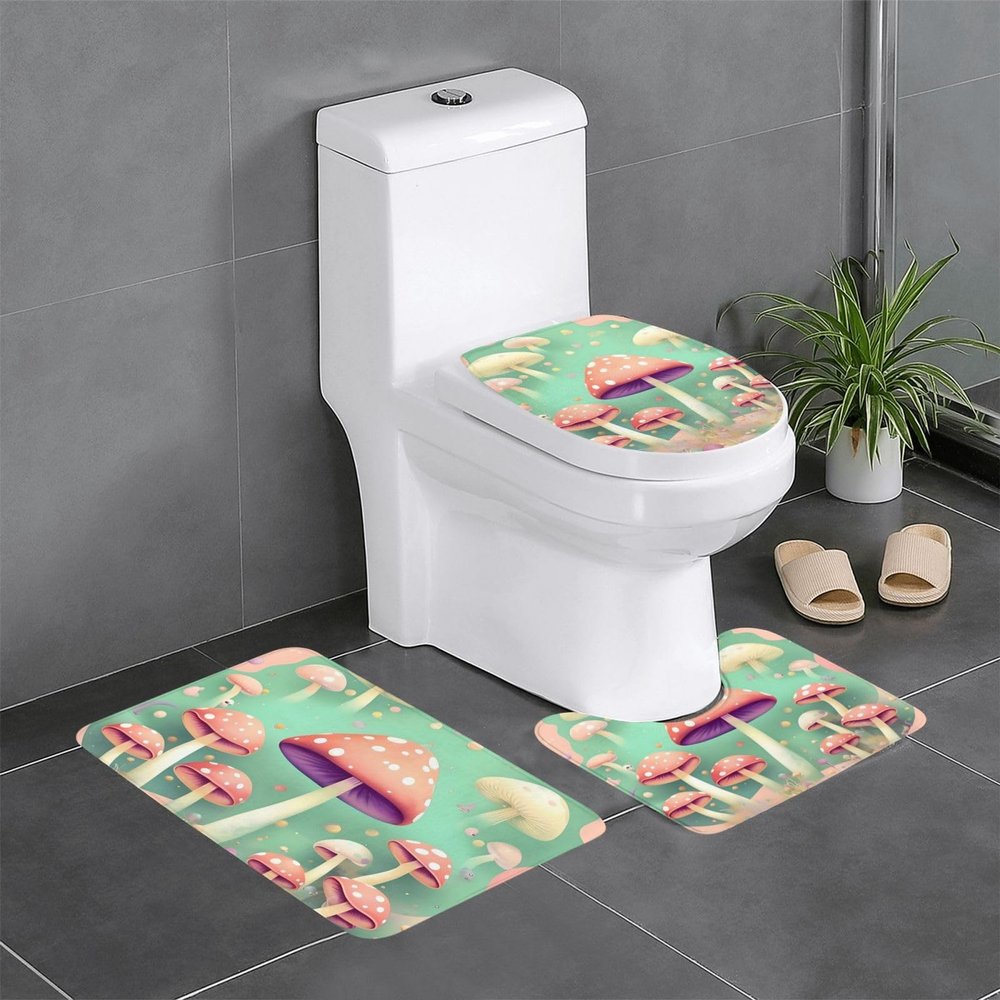Dream Mushroom Floor Mat Set of Three 24x16in, Absorbent and Non-Slip, Bathroom Vanity Rug Set