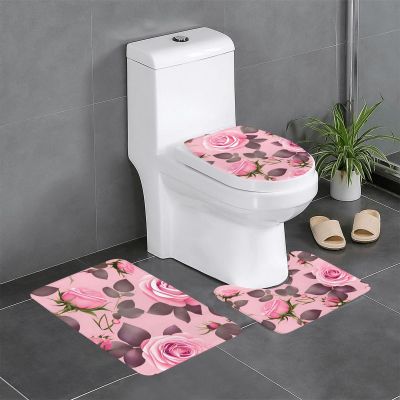 Pretty Pink Roses Floor Mat Set of Three 24x16in, Absorbent and Non-Slip, Bathroom Vanity Rug Set