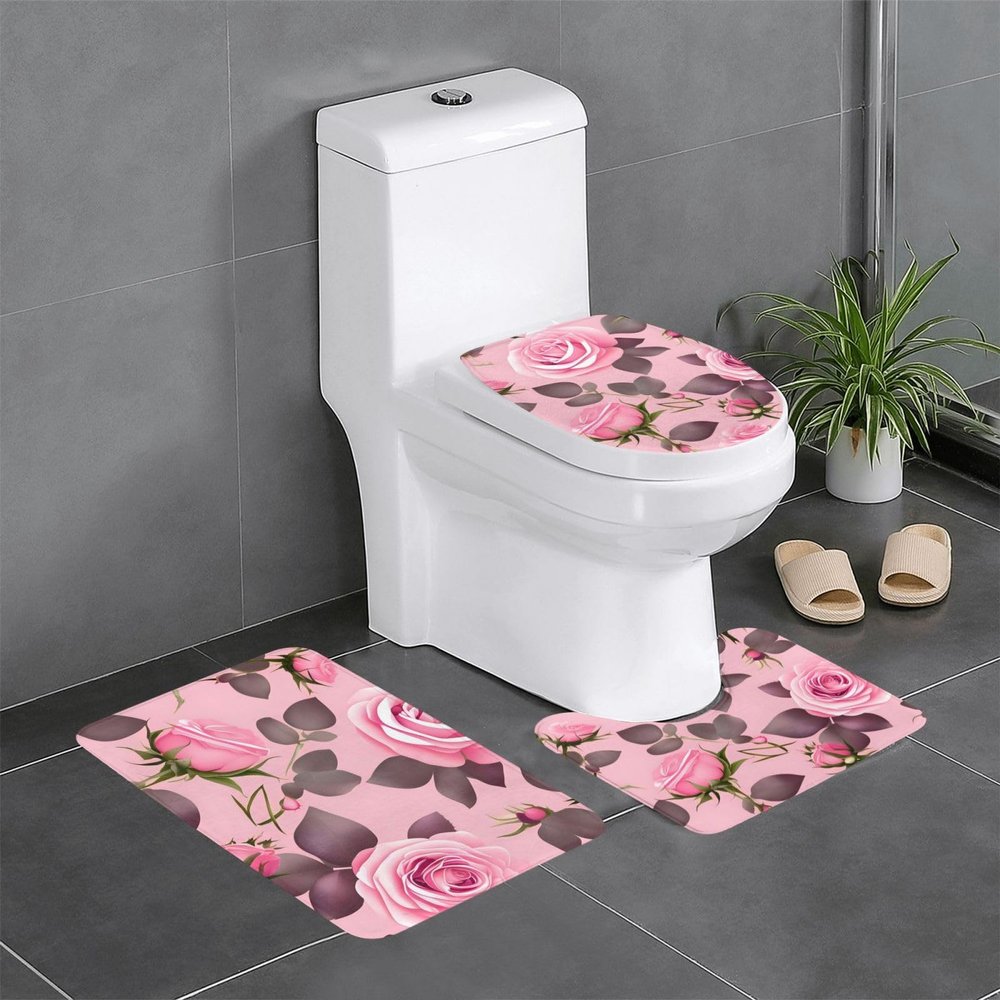 Pretty Pink Roses Floor Mat Set of Three 24x16in, Absorbent and Non-Slip, Bathroom Vanity Rug Set