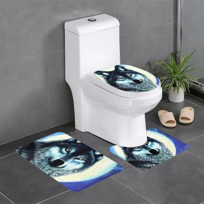 Wolf Under Moon Floor Mat Set of Three 24x16in, Absorbent and Non-Slip, Bathroom Vanity Rug Set