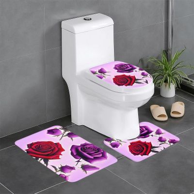 Red and Purple Roses Floor Mat Set of Three 24x16in, Absorbent and Non-Slip, Bathroom Vanity Rug Set