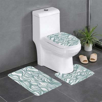 Green Wavy Stripe Floor Mat Set of Three 24x16in, Absorbent and Non-Slip, Bathroom Vanity Rug Set
