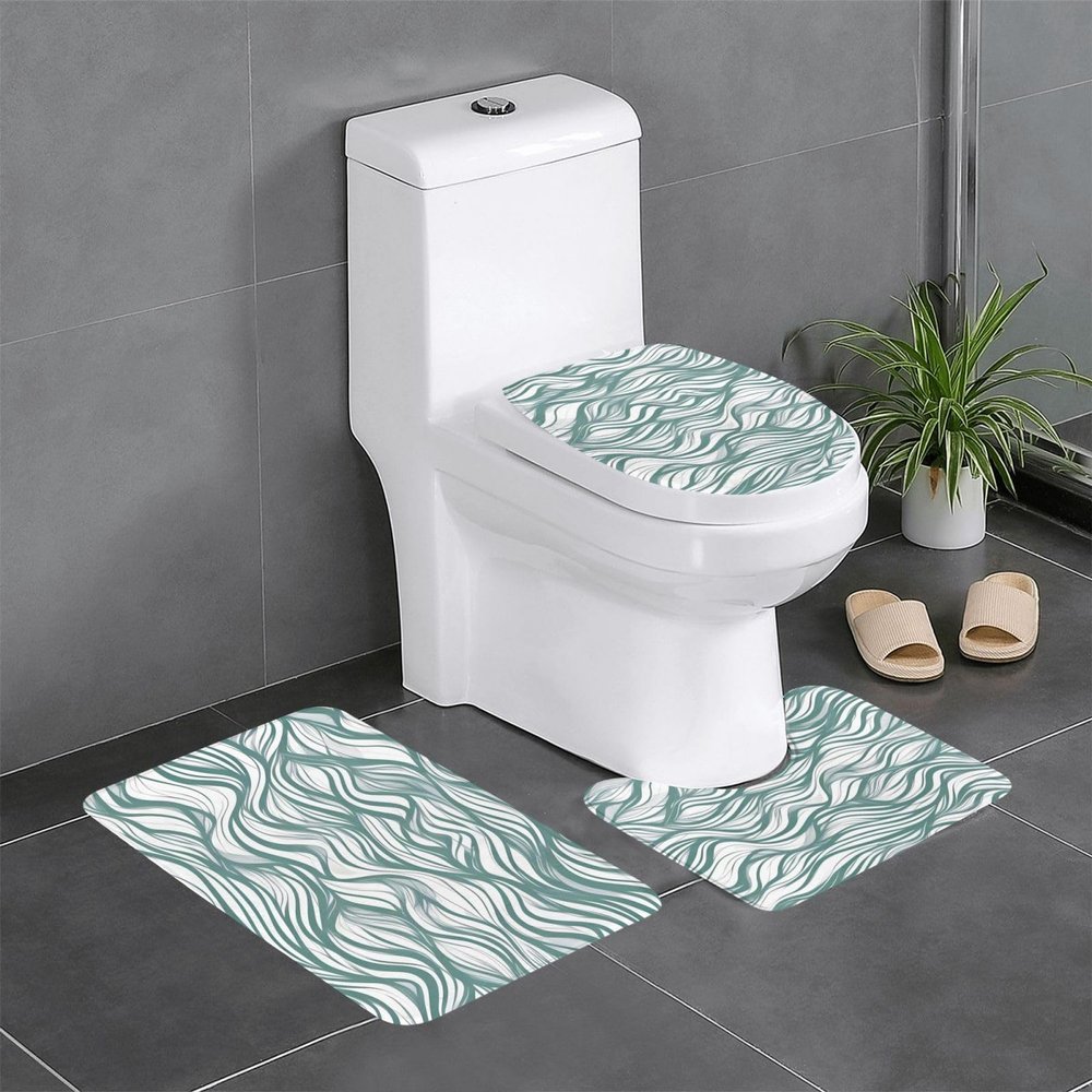 Green Wavy Stripe Floor Mat Set of Three 24x16in, Absorbent and Non-Slip, Bathroom Vanity Rug Set
