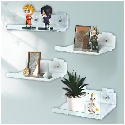 DingCo Floating Acrylic Shelves, 8X6 Inch Clear Wall Shelf, Small Plant Shelves, Picture and Toy Display Stand (No Drill, 4 Pack)