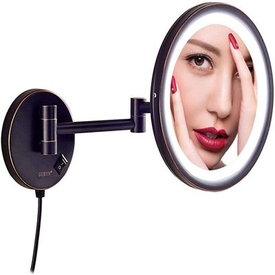AMHIL Makeup Mirror with LED Light, Bathroom Extendable Wall-Mounted Vanity Shaving Mirror with Switch Plug (Color : Black, Size : 3X)