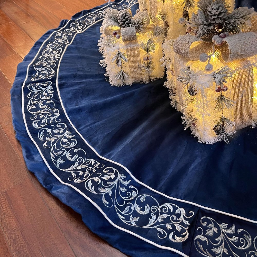 Christmas Tree Skirt 60 inch, Blue Velvet with Embroidered Vintage Pattern