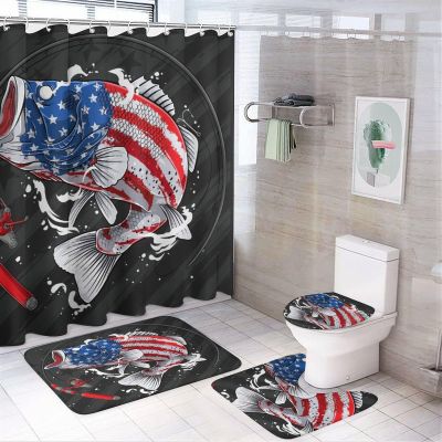 Abstract Hunting Theme Fishing Shower Curtain Sets 4 Piece,Vintage American Flag Fishing Man Print Bathroom Decor Sets with Rugs Include Waterproof Non-Slip Toilet Lid Cover Bath Mat