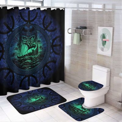 Norse Viking Theme Shower Curtain Sets 4 Piece,Abstract Ancient Vikings Mystical Nautical Symbol Bathroom Decor Sets with Rugs Include Waterproof Non-Slip Toilet Lid Cover Bath Mat