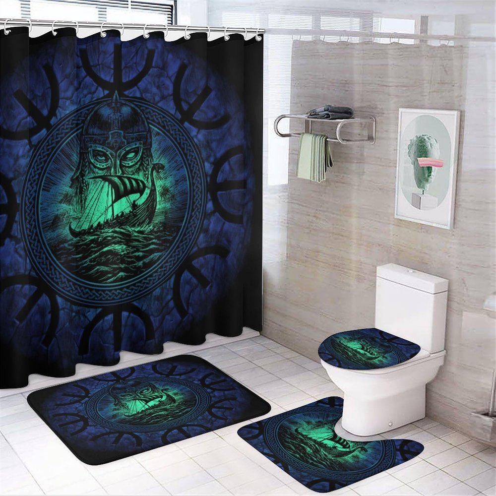 Norse Viking Theme Shower Curtain Sets 4 Piece,Abstract Ancient Vikings Mystical Nautical Symbol Bathroom Decor Sets with Rugs Include Waterproof Non-Slip Toilet Lid Cover Bath Mat