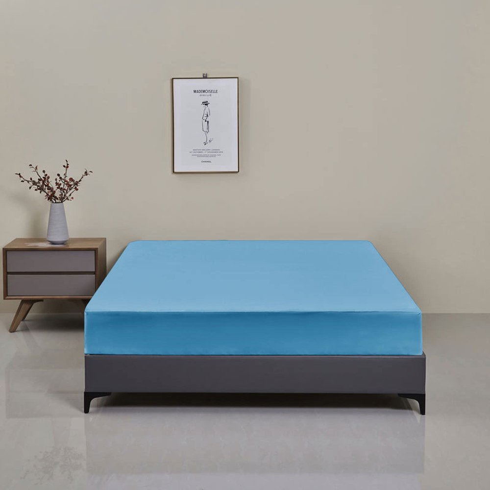 FCLDESHOP Soft Fitted Sheet,Solid Color Brushed Polyester Waterproof Bed Sheet, Bedroom Hotel Extra Deep Pocket Mattress Protector,Blue,180x200x30cm