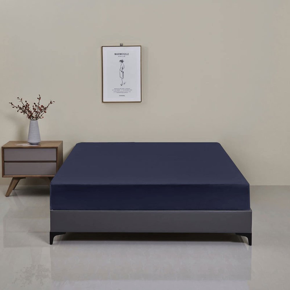 FCLDESHOP Easy Care Fitted Sheets,Solid Color Brushed Polyester Waterproof Bed Sheet, Bedroom Hotel Extra Deep Pocket Mattress Protector,Navy Blue,135x190x30cm