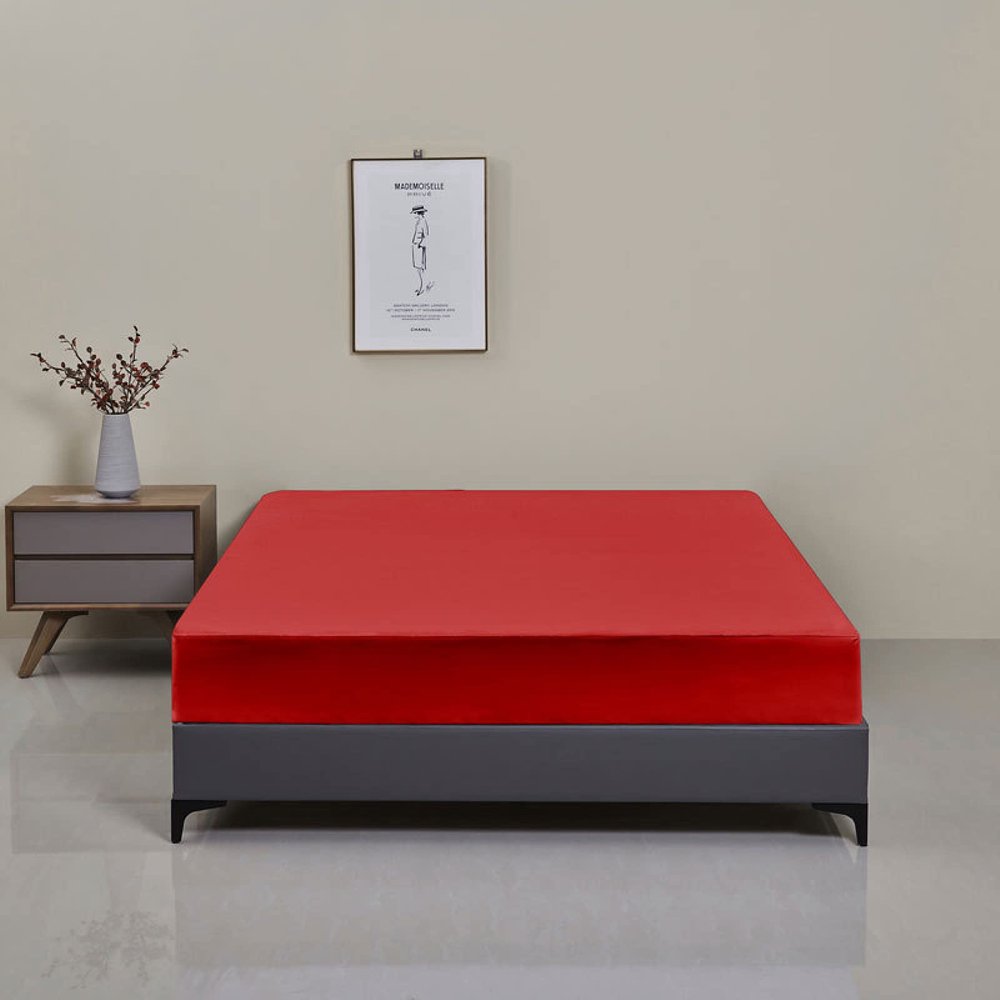 FCLDESHOP Soft Silky Bed Sheet,Solid Color Brushed Polyester Waterproof Bed Sheet, Bedroom Hotel Extra Deep Pocket Mattress Protector,red,90x190x30cm